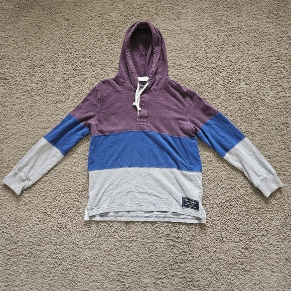 A&F Abercrombie Pullover Sweatshirt Mens Size XS Blue Purple Grey Stripes Button - Picture 1 of 7